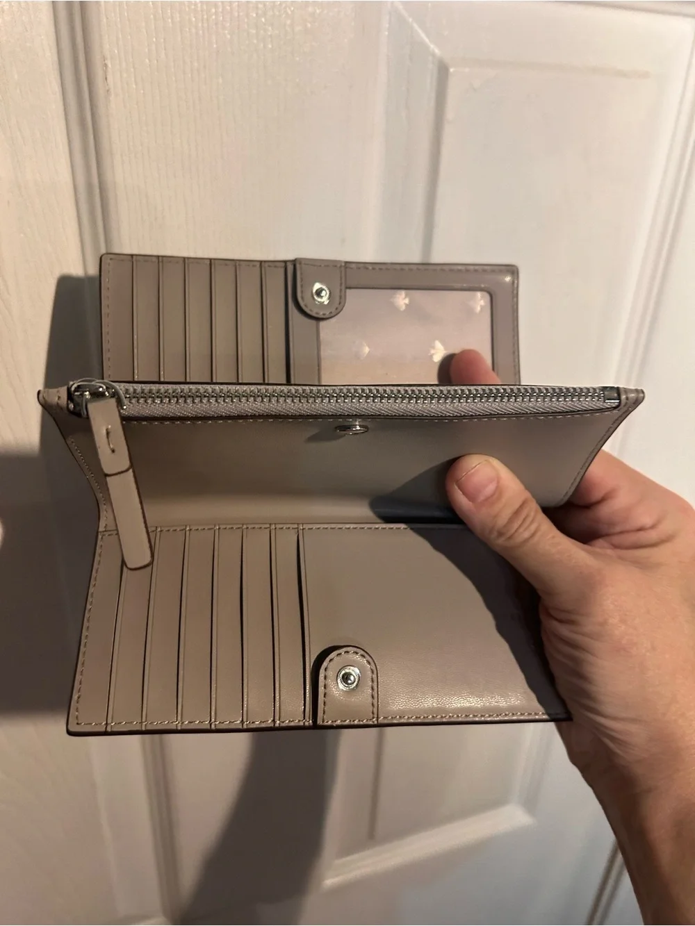 kate spade madison large slim bifold gray leather wallet with gold logo